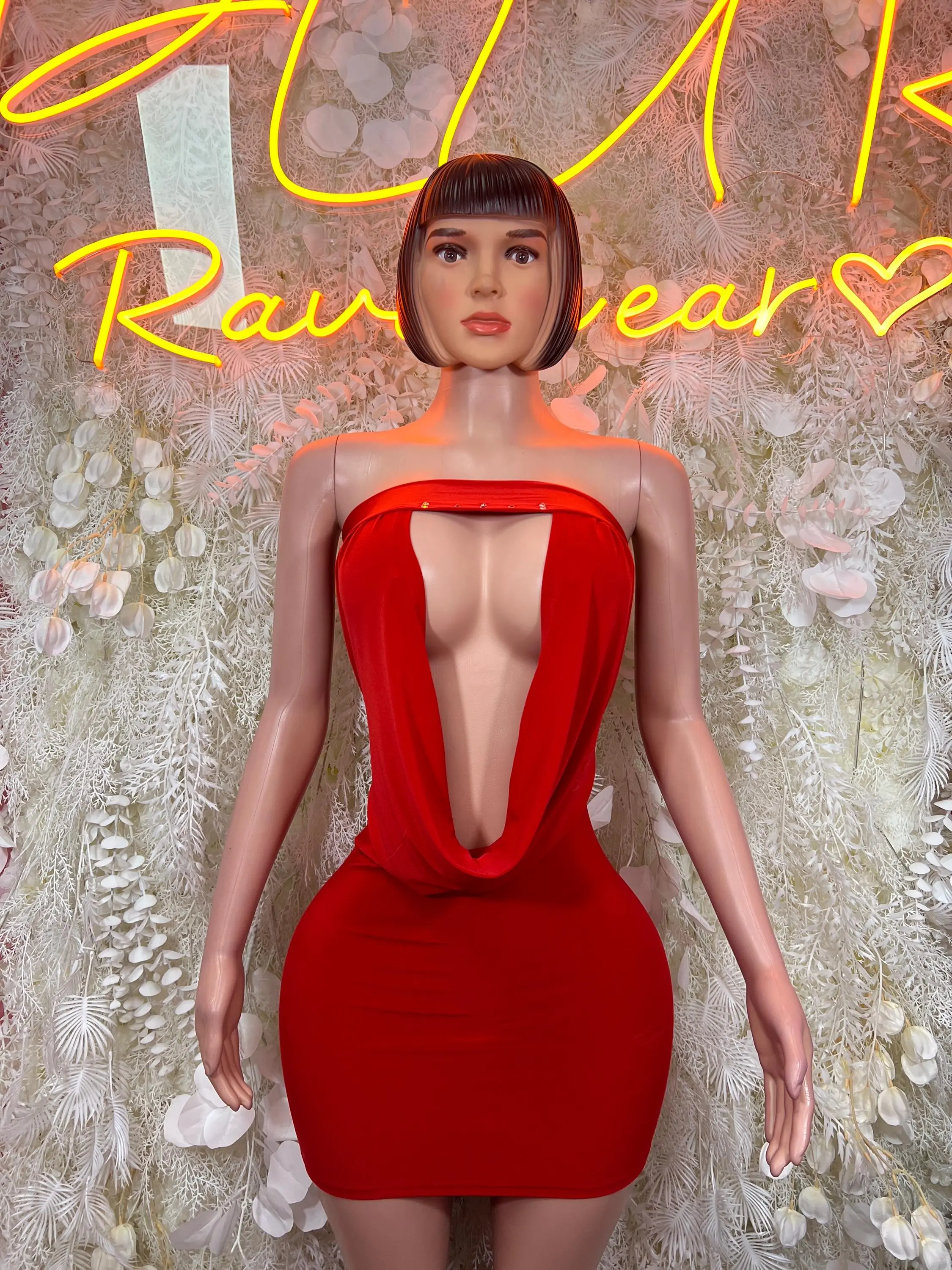 Women's Red Cowl Neck Plunge Cutout Bodycon Mini Dress - Formal Wear for Rave, Festival