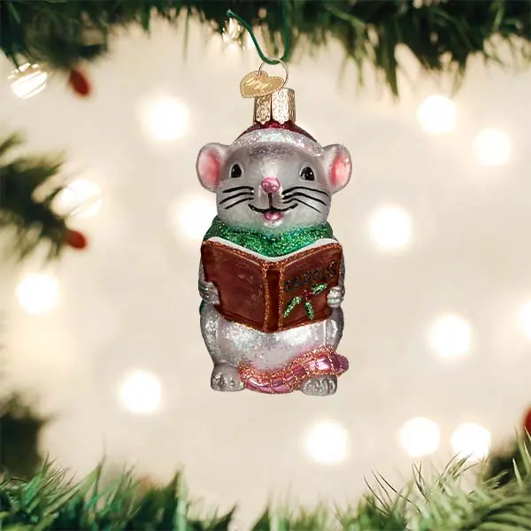 Small Grey Caroling Mouse Christmas Ornament, Unisex Festive Home Decoration, Holiday Hanging Decor