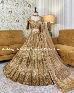 Golden Indian Elegant Half Sleeve Inlaid Sequins Saree