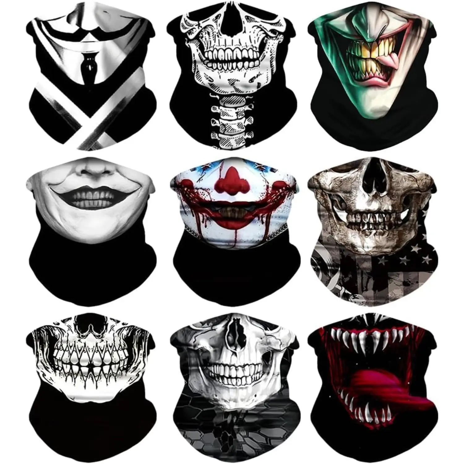 9 Pcs Neck Gaiter Face Masks – UV Sun Protection Bandanas for Men & Women, Skull Seamless Face Cover, Rave Scarf & Neck Warmer Gator Mask