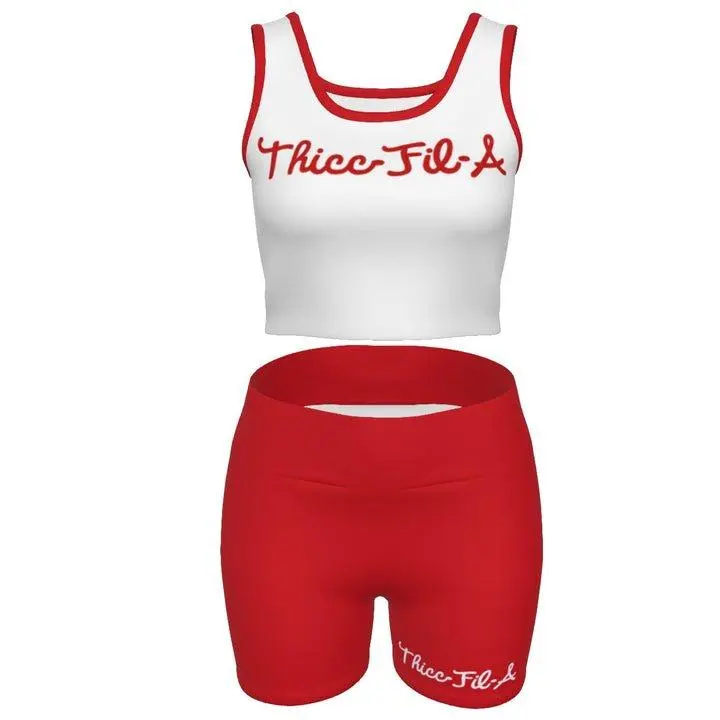 Thicc Fil-A Women's Yoga Set Regular Fit Elastic Skinny Fabric High Waist Sportswear Spandex Red Shorts & White Top 88% Polyester 12% Spandex