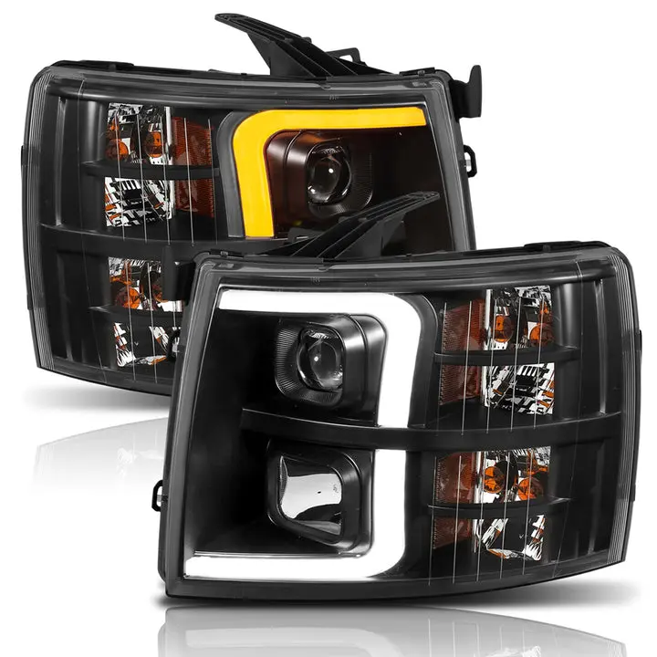 ANZO USA Black Projector Plank Switchback Truck Headlights Set - US Aftermarket Car Lighting Bulb Assemblies, Lead-Cadmium-Di-n-butyl Phthalate (DBP)-Free, Vehicle-Specific Fit for Chevy Silverado 1500 (07-13), 2500HD-3500HD (07-14)