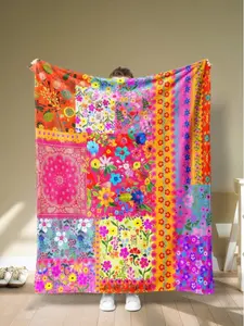1pc - Bohemian Style Ditsy Floral Flannel Blanket, Modern Style Polyester & Acrylic Fiber Rectangle Blanket Suitable For Multiple Scenes