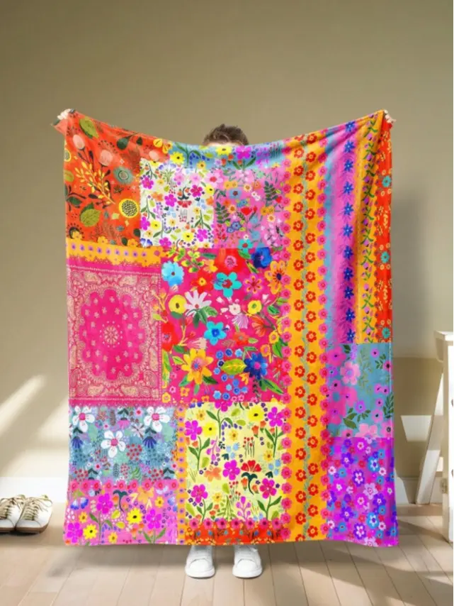 1pc - Bohemian Style Ditsy Floral Flannel Blanket, Modern Style Polyester & Acrylic Fiber Rectangle Blanket Suitable For Multiple Scenes