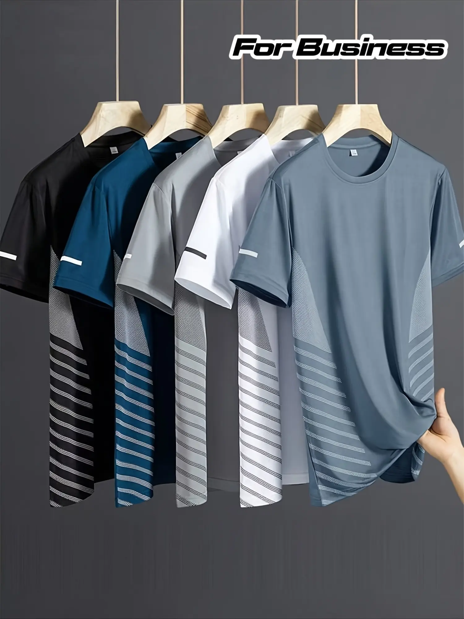 5-pack men’s short-sleeve tops in multiple colors, business style for everyday casual wear; high elasticity for sports/fitness, quick-drying and breathable, suitable for running, basketball, and workouts.