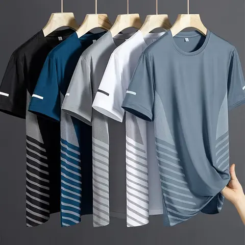 Men's 5-Pack Round Neck Short Sleeve T-Shirt Tops - Business Casual Activewear, Synthetic Fabric, High Stretch, Quick Dry, Breathable for Running Workouts & Casual Errands