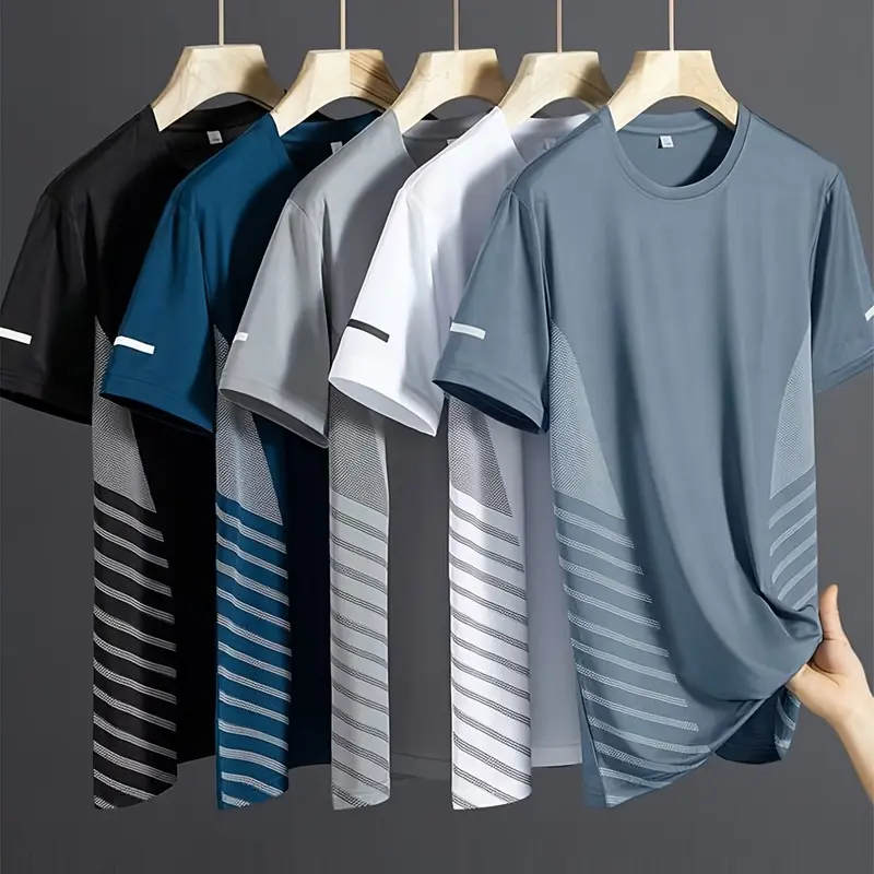 Men's 5-Pack Round Neck Short Sleeve T-Shirt Tops - Business Casual Activewear, Synthetic Fabric, High Stretch, Quick Dry, Breathable for Running Workouts & Casual Errands