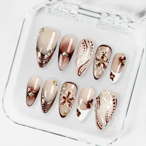 KISSMUSE French Tip Bling Coffin Short Almond Glue-On Nails with Glossy Gradient Medium Designs for Women Girls Reusable Full Cover Thick Nail Acrylic