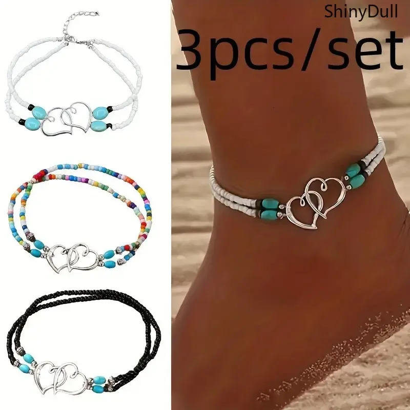 Women's 3PCS Boho Alloy Beaded Heart Charm Anklet Set - Trendy Jewelry, Multi-Layered Adjustable Anklet, All Seasons Sports & Outdoor Accessory, Anklets For Women, Foot Jewelry