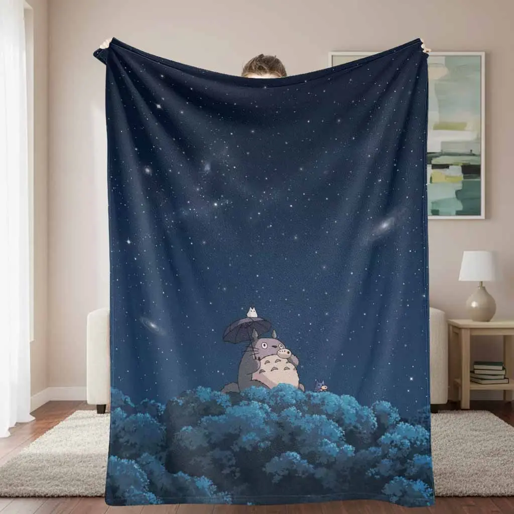 Starry Night Forest Flannel Blanket - All Season, Cartoon Creature & Umbrella Print, Cute Style, Cuddly Character Art, Soft Warm Lightweight Cozy, Ideal for Sofa, Bedroom, Travel Gift Decor, All Season Blankets, Cartoon Blankets