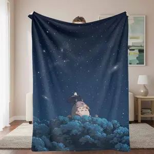 Starry Night Forest Flannel Blanket - All Season, Cartoon Creature & Umbrella Print, Cute Style, Cuddly Character Art, Soft Warm Lightweight Cozy, Ideal for Sofa, Bedroom, Travel Gift Decor, All Season Blankets, Cartoon Blankets