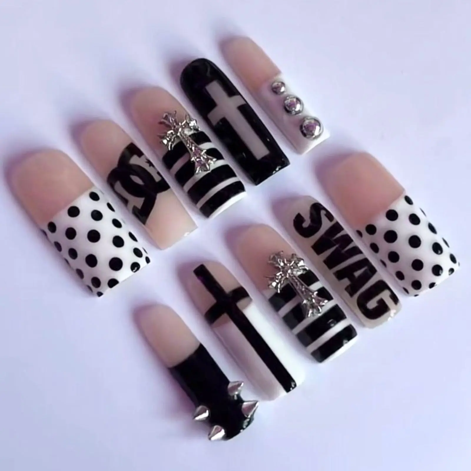 Y2K Goth Acrylic Nails | Cross Nail Art & Silver Charms | Dark Feminine Nail Inspo