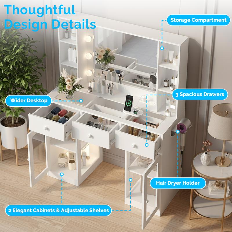 Ktaxon Vanity Table with RGB Lights & 3-Tone Dimmable Bulbs - Glass Top Dresser with 3 Drawers, 2 Glass Doors & 2 Side Shelves | Built-in Power Strip, Hair Dryer Holder Ktaxon Vanity Table with RGB Lights & 3-Tone Dimmable Bulbs - Glass Top Dresser with 3 Drawers, 2 Glass Doors & 2 Side Shelves | Built-in Power Strip, Hair Dryer Holder
