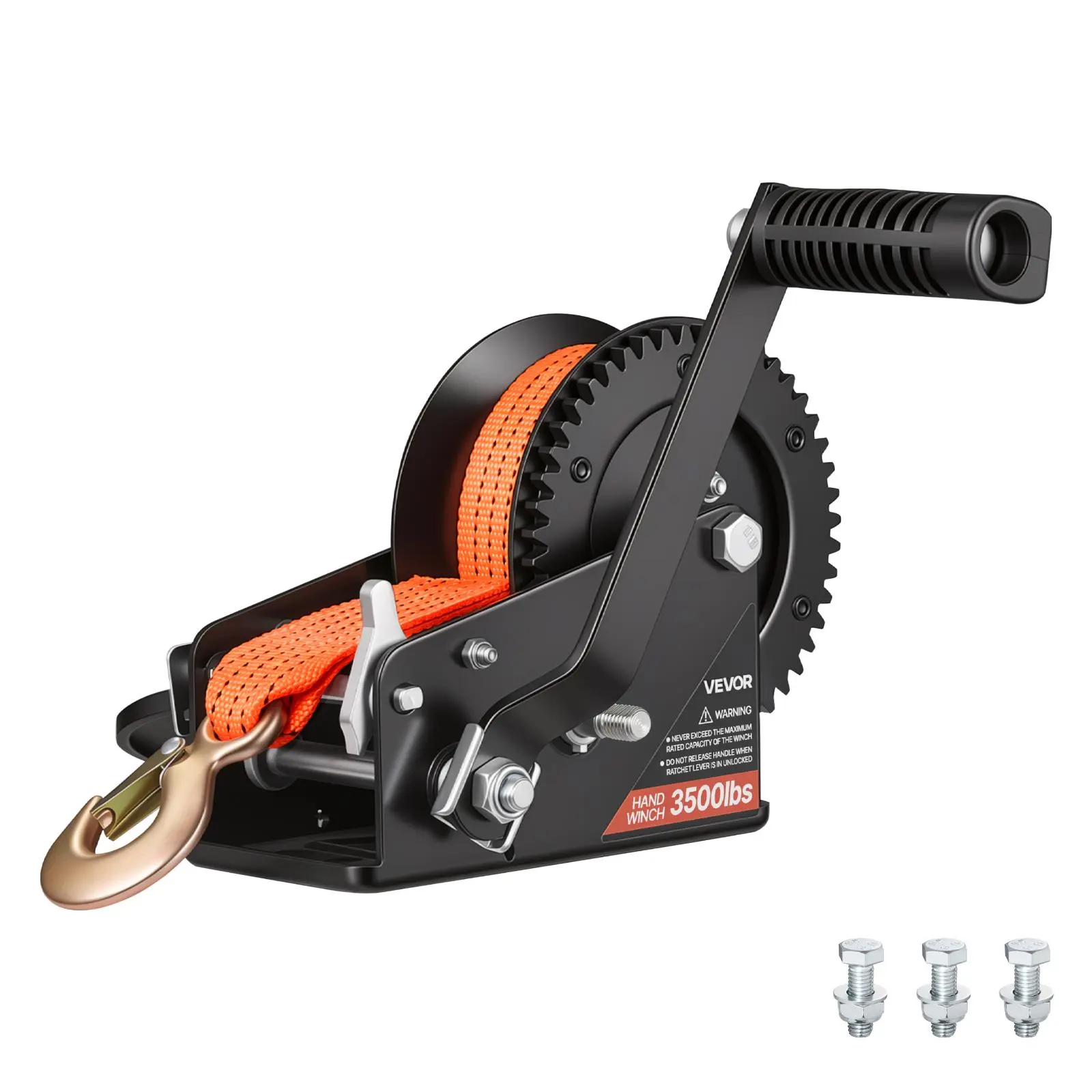 VEVOR Boat Winch, 3500 lbs Hand Winch, Heavy Duty Manual Rope Crank with 20ft Orange Polyester Strap, Portable Two-Way Ratchet, 2 Speed Switchable, Anti-Slip Handle Gear for Boat Trailer ATV Towing