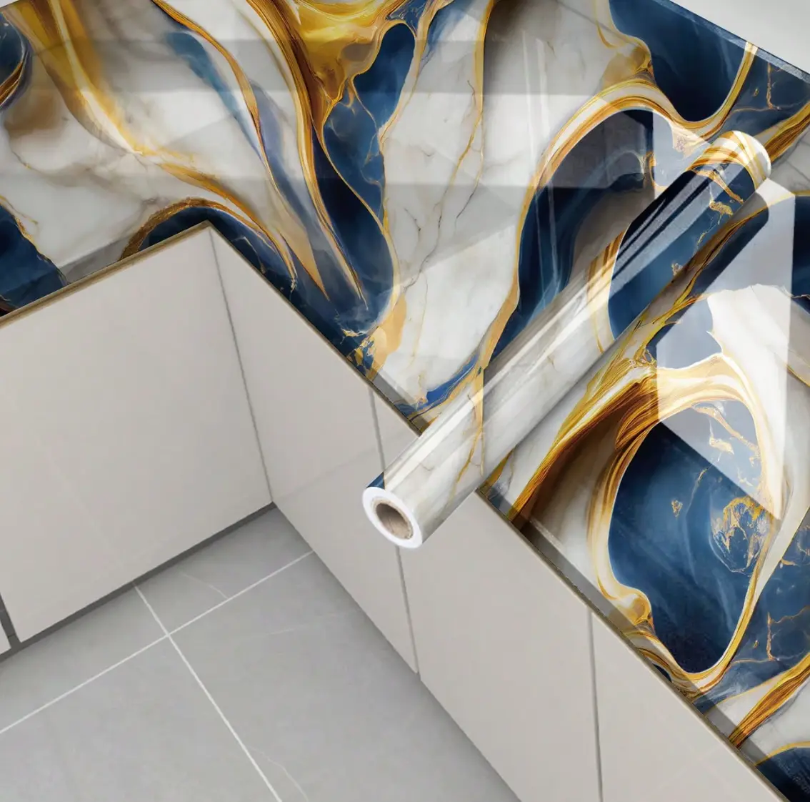 1pc Dark Blue And Gold Marbling Waterproof And Oil Proof Pvc Self-Adhesive Kitchen Accessories Drawer/Shelf Liner, Table/Countertop Protection Sticker, Household Chalkboard Sticker, Marble Wallpaper,Renovation Stickers Peel Wall Panels,Wall Paper,