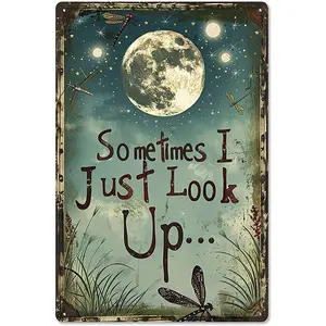 Sometimes I Just Look Up Moon Rustic Aluminum Wall Art & Metal Tin Sign - 8x12in Vintage Indoor Outdoor Decor for Home, Office, Cafe, Yard & Garden Farm,summervibes Home Decoration Moon Phase Plaque