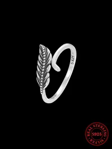 925 Sterling Silver Vintage Feather Design Cuff Ring, Adjustable Open Ring, Fashion Jewelry Accessories for Women & Girls