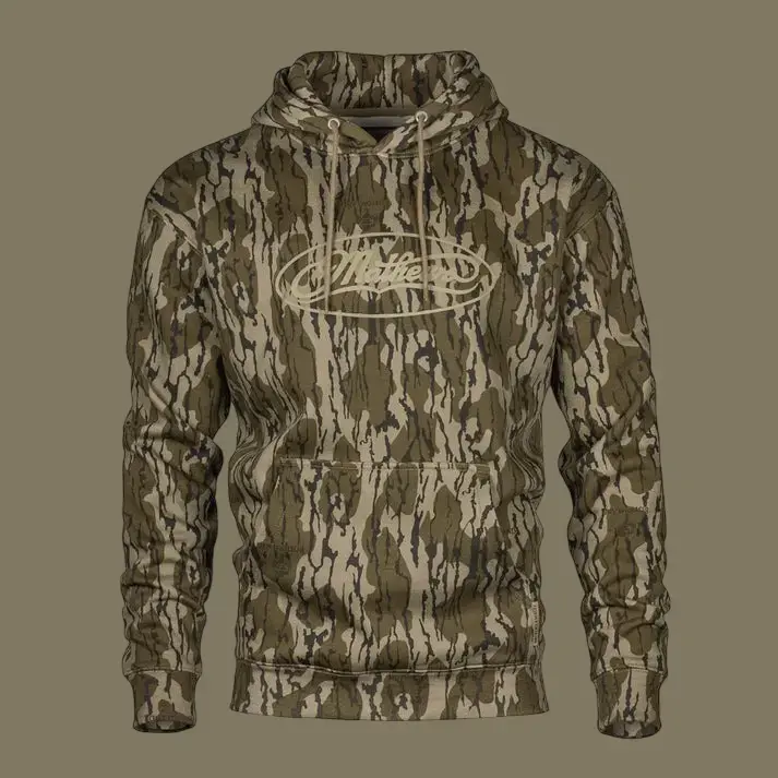 Mathews Bottomlands Camo Hoodie. Dominant Earth Brown, Moss Green, Beige Branches. Woodland Camouflage Pattern, Hunting. Warm, Comfortable