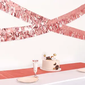 Metallic Rose Gold Foil Tassel Fringe Backdrop Banner, Tinsel Garland Decor 16ft