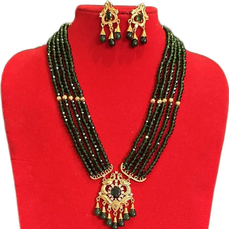 Women's Traditional Nepali Green Beaded Jewelry Set - Ethnic-Inspired, Indigenous-Inspired, Versatile Necklace with Matching Earrings, Elegant Fashion Accessory for Special Events, Ethnic-Inspired Jewelry Sets