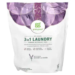 Grab Green 3 in 1 Laundry Powder Detergent Pods, Lavender with Vanilla, 60 Loads, 2 lbs 2 oz (960 g)