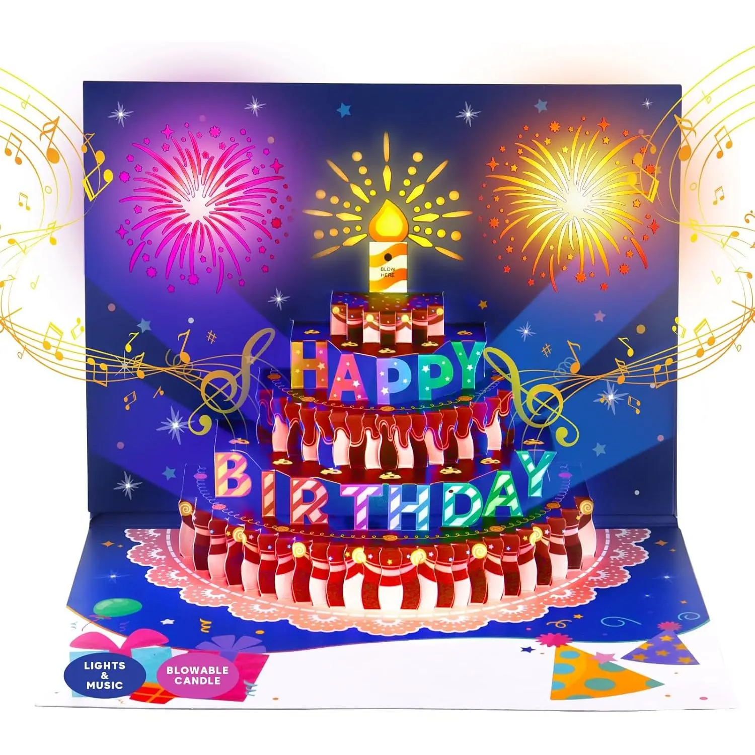 Interactive Pop-Up Musical Birthday Card with Music Play, Light Effect, LED Lights, Blowable Candles - Office Stationery Greeting Card for Adults
