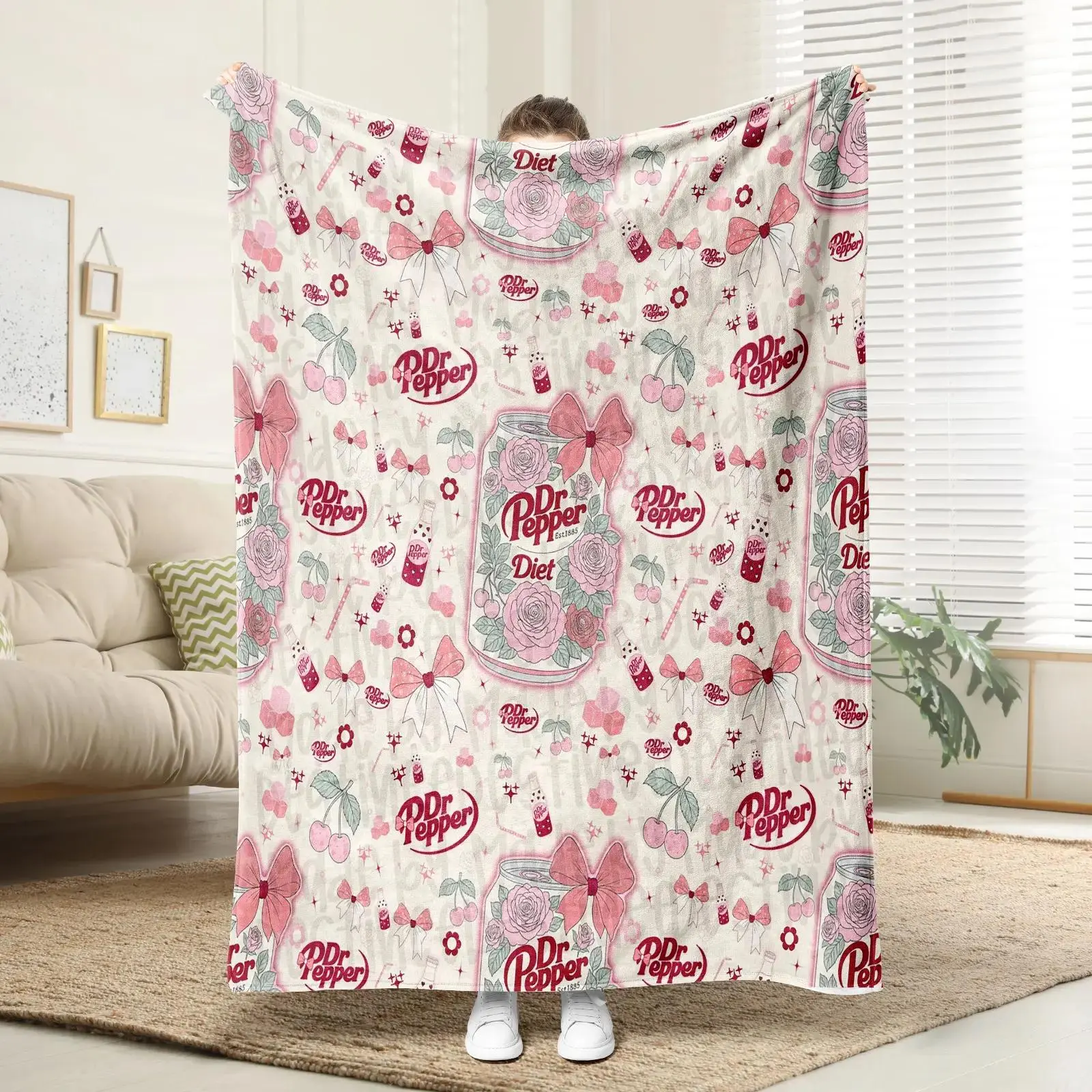 Dr Pepper Flat Velvet Quilt - 100% Polyester, Customized Coquette Bow & Flower Design, Durable Soft Multipurpose Office Bedding, Machine Washable, Holiday Gift (Destinee Pattern Background)
