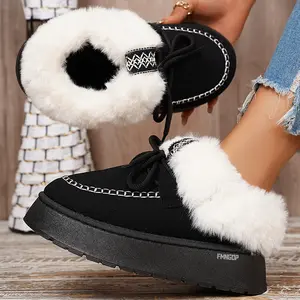 Fashion Women's Suede Platform Slippers Fuzzy Plush Lined Mini Snow Boots Lace - up Casual Indoor Outdoor Shoes