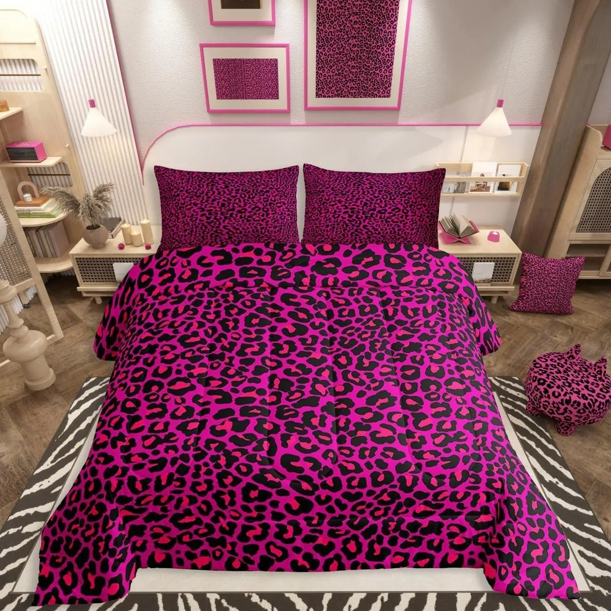 Feelyou Hot Pink Leopard Queen Size Comforter Set - Soft Warm Bedding, African Cheetah Print, Decorative Stitching Duvet Insert, Kids Quilt, Farmhouse Bedroom Decor, Tumble Dry in Low Heat