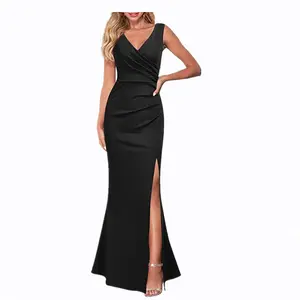 CHIKYS 2024 European And American Solid Color Slim Fit Slimming Spaghetti Straps Split Long Dress