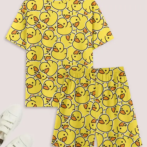 Men's Cartoon Duck Print Tee & Shorts Two Piece Loungewear, Short Pajama Casual Comfy Round Neck Short Sleeve T-Shirt & Shorts PJ Set, Men's Sleepwear for Summer