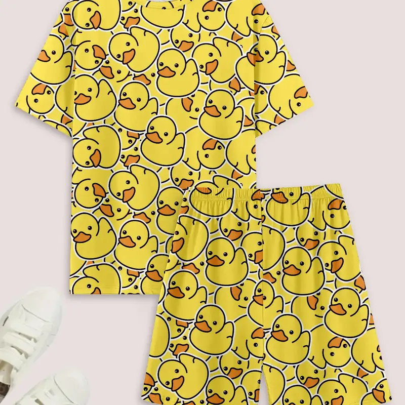 Men's Cartoon Duck Print Tee & Shorts Two Piece Loungewear, Short Pajama Casual Comfy Round Neck Short Sleeve T-Shirt & Shorts PJ Set, Men's Sleepwear for Summer