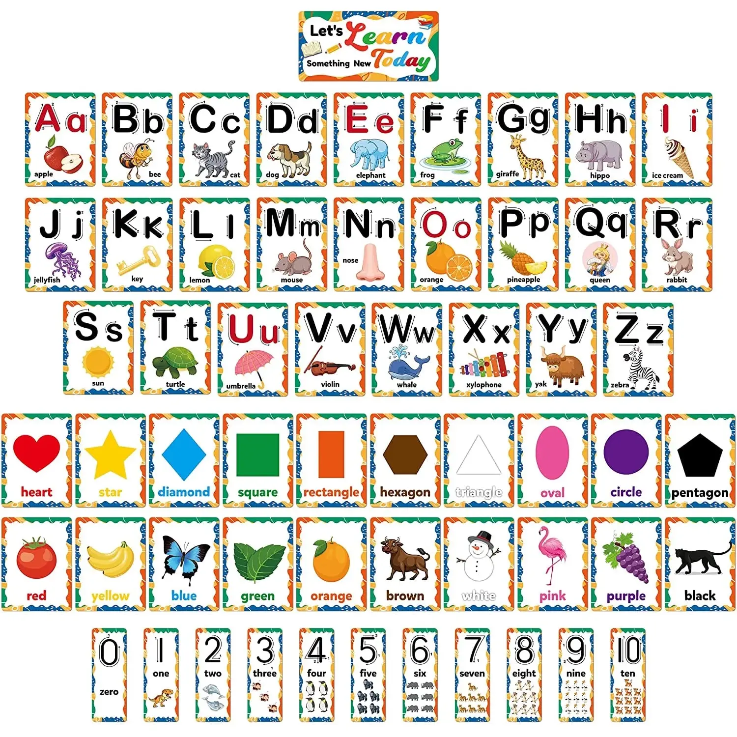 D-Fantix 58 Pieces Alphabet and Number Bulletin Board Set, Manuscript Educational Preschool Cards, Early Learning Alphabet Number Colors Shapes Posters, Kindergarten Classroom Wall Decoration r58ju9