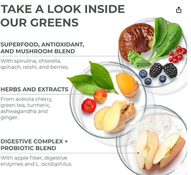 Primal Harvest Super Greens Powder, 30 Servings w/+50 Greens Superfood Chlorella, Probiotics, Green Tea, Wheatgrass, Kale, Turmeric for Energy,Primal Greens