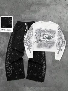 Men's Street Style Rhinestone Straight Leg Sweatpants, Angel Print Short Sleeve Hoodie Set, Unisex Fashion