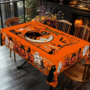 PLUMLIK Orange Halloween Tablecloth with Cute Spooky Black Cat Pumpkin Patterns, Halloween Decor 2025, Day Of The Dead Round Rectangular Table Cloth, Kitchen Homegoods Halloween, Holiday Indoor Outdoor Table Decor, Halloween Ghost Bonfire Party Decor