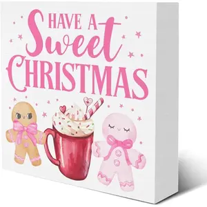 Pink Gingerbread Christmas Decorations, Have a Sweet Christmas Wooden Box Sign for Winter Xmas Holiday, Gingerbread Kitchen Bar Decor 5 X 5 Inches