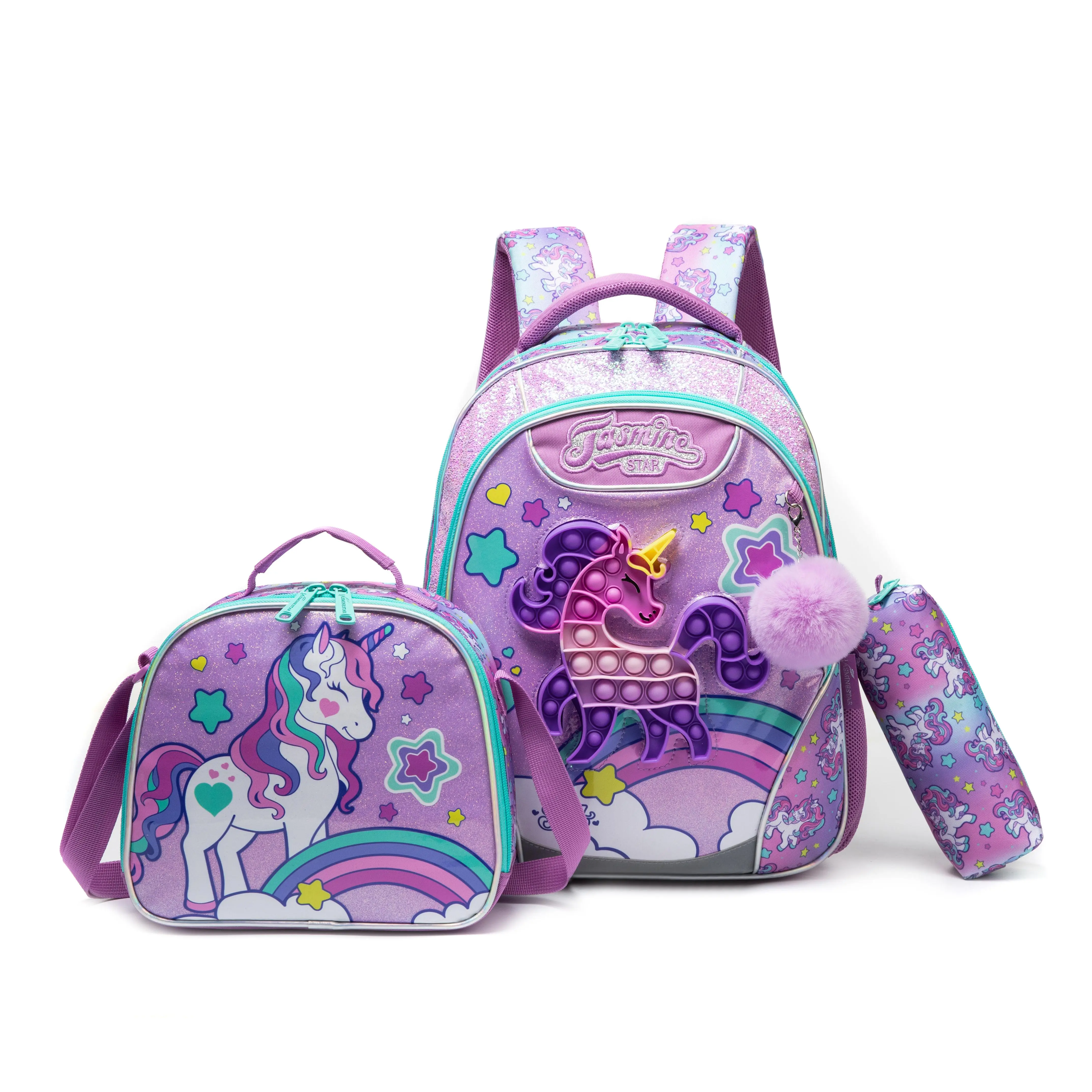 Cute Unicorn Pop-it Backpack Set for Girls | 3-in-1 Backpack + Lunch Bag + Pencil Pouch | Stress Relief Design | Back to School Essentials aesthetic bookbag