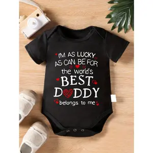 1pc Baby Onesie Baby Clothing I'm As Lucky As Can Be for The World's Best Daddy Belongs to Me Print Short Sleeve Onesie Soft 96% Cotton 4% Elastane for Outdoor, Perfect for Outdoor