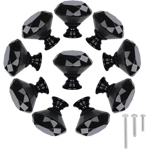 10 Pack Drawer Knobs, Drawer Pulls Black Diamond Shaped Crystal Glass 30mm Cabinet Knobs Pull Handles with Screws for Home Office Cabinet Cupboard Chest Dresser (10 Pack 30 mm, Black)