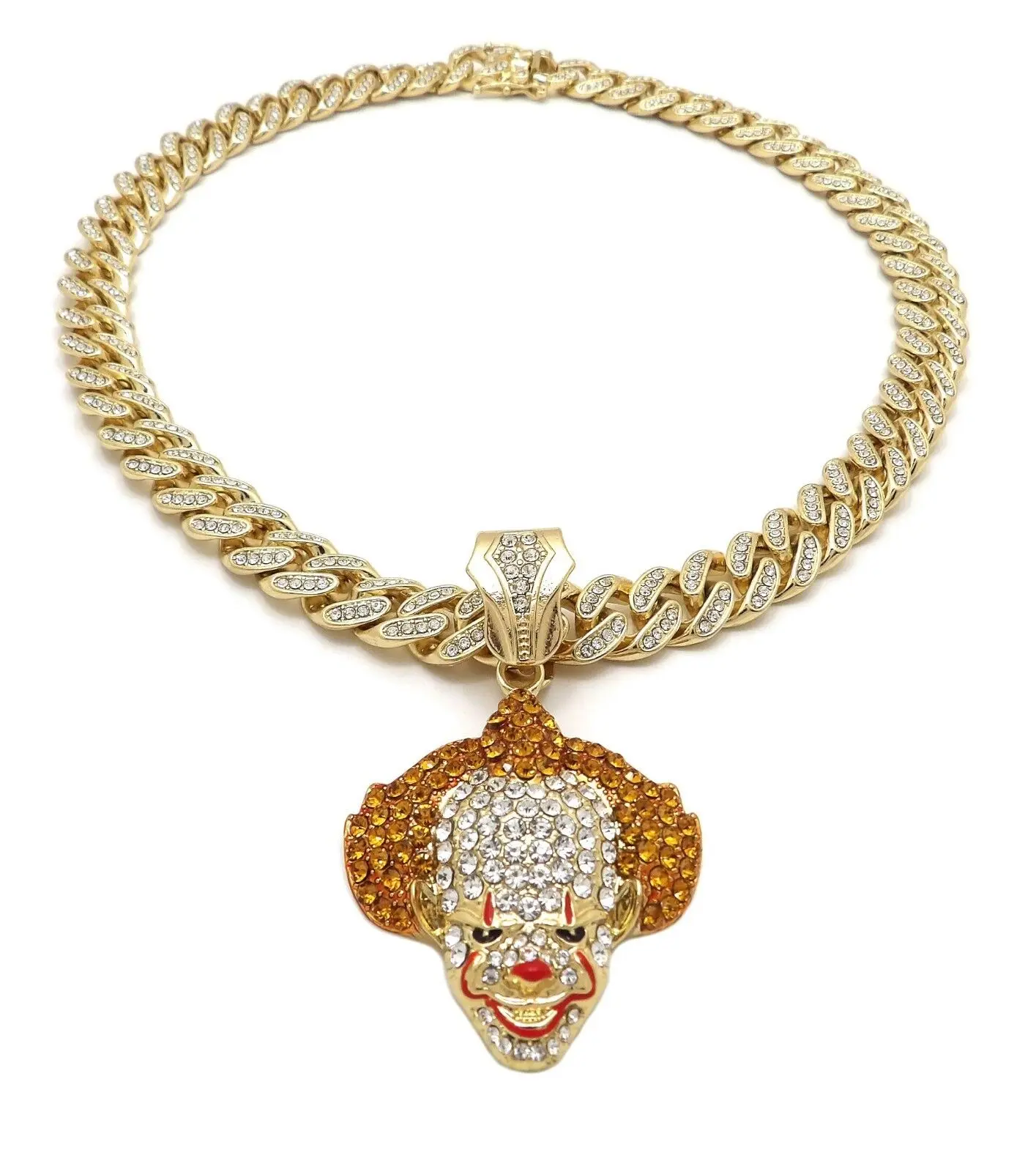MaxBling81 Gold Metal Coating Clown Face Charm Pendant Cuban Chain Necklace - Unisex Adult Hip Hop Iced Chain Jewelry, 13mm Width, 16in/18in/20in/24in/30in Length Options, Chain Jewelry Necklaces