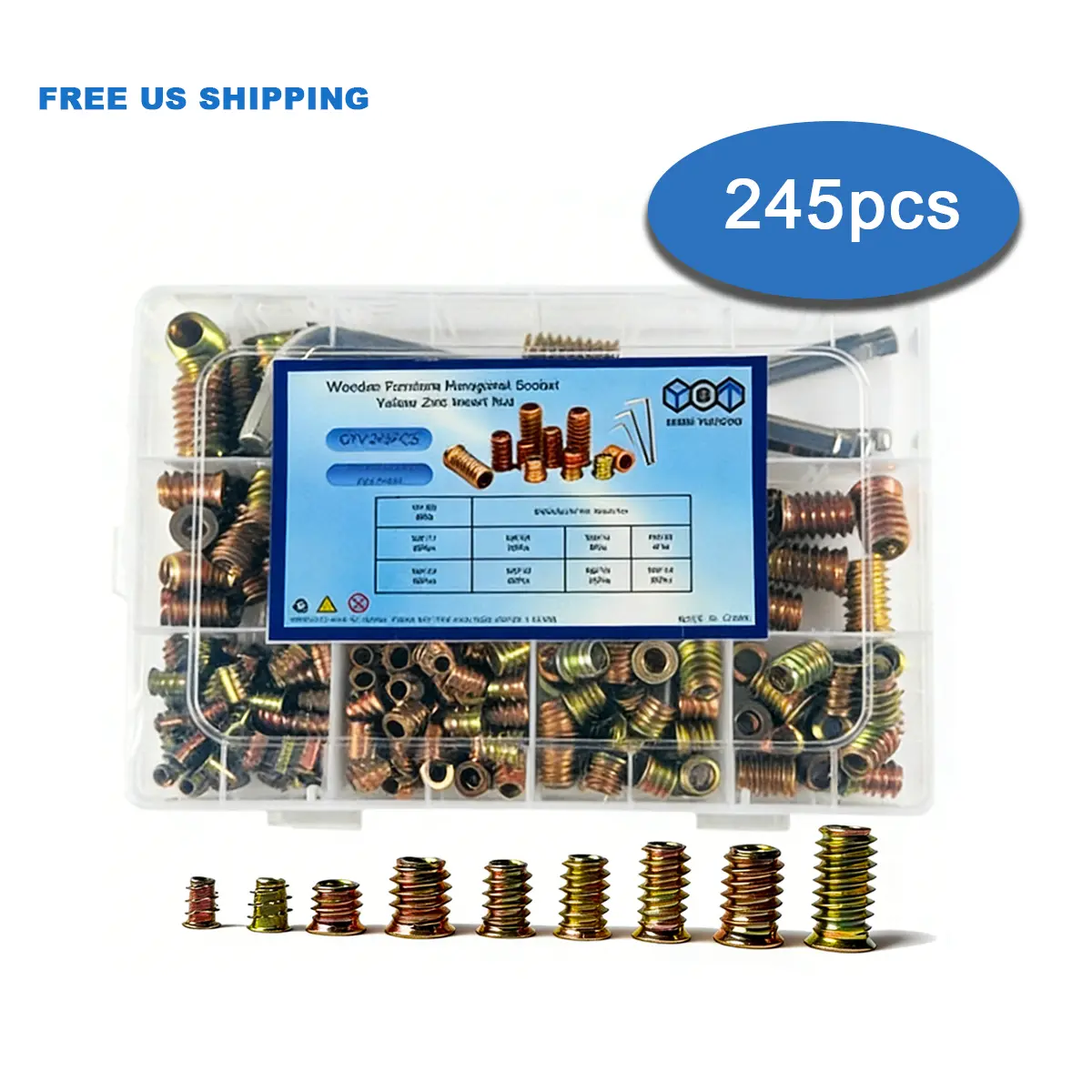 245Pcs Threaded Inserts for Wood, Furniture Screw-in Nut Assortment Kit with Hex Wrenches, Heavy Duty Wood Insert Nuts for DIY Furniture Repair & Restoration (M4 M5 M6 M8)