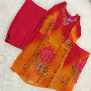 Red and Yellow Women's Suit with Neck Embroidery & Dual Print, Comfortable Fit, Ideal for Special Occasions - Womenswear