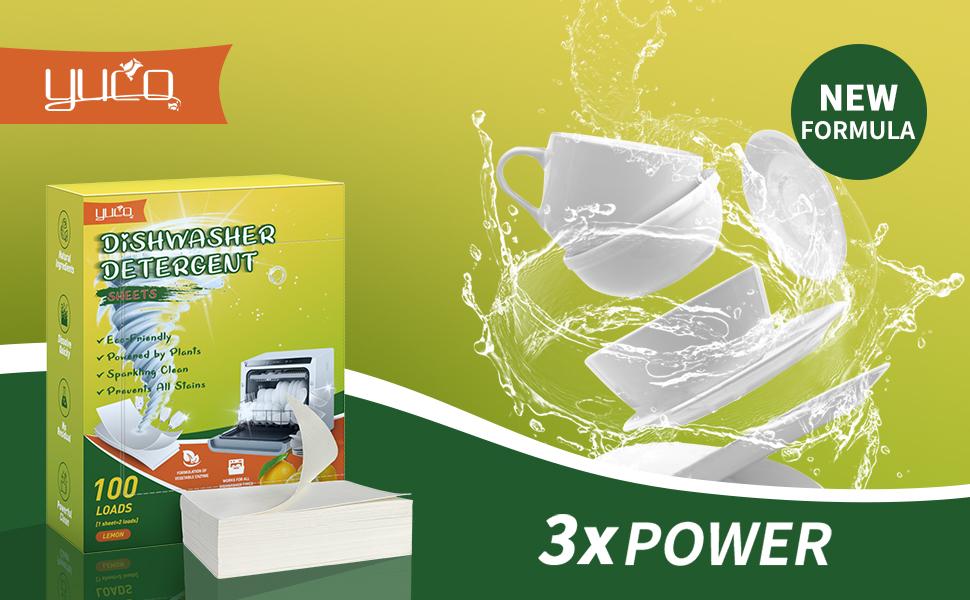 YUCO Dishwasher Detergent Sheets 100 Loads, Liquid-Free Dish Soap Cleaner Strips Eco-Friendly No Plastic Dishwasher Pods Detergent, Use in Dishwasher or Sink, Leaving Dishes Sparkling Clean (Lemon)