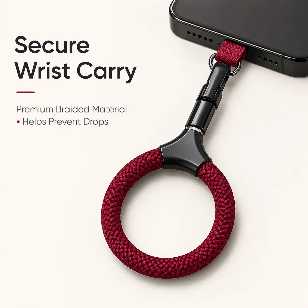 Red Braided Wrist Phone Strap with Circular Grip, Rotating Connector and Tether Tab, Secure Phone Lanyard for Comfortable Everyday Carry