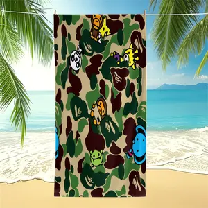 APE Multicolor Character Collage Print Oversized Beach Towel, Kawaii Cute Cartoon Camo Style Microfiber Beach Towel, Quick Dry Sand Free Super Absorbent Lightweight Towel for Teen Boys Girls Beach Pool Travel Camping Bathroom