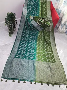 Shaded Crush Chiffon Georgette Saree with Silver Floral Weave & Puff Sleeves Blouse