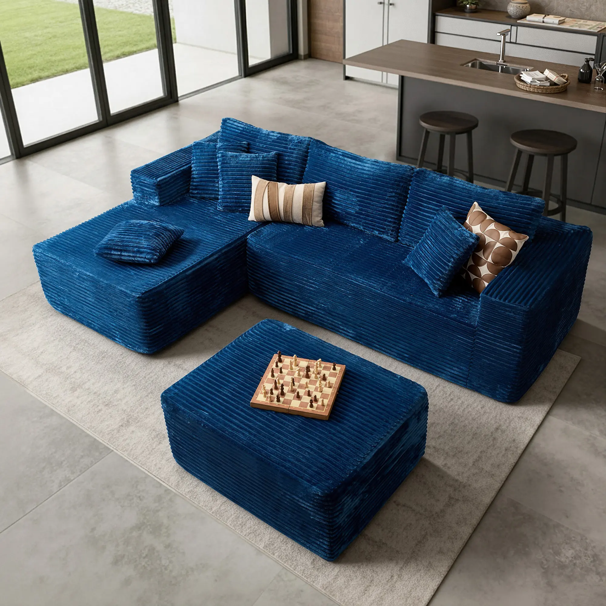 Blue Corduroy Light Chaise with Ottoman