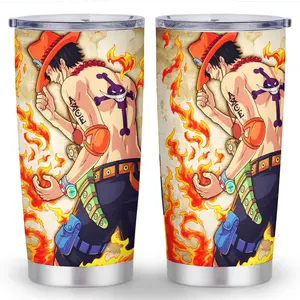 20oz One Piece Stainless Steel Tumbler with Straw - Double-Wall Insulated Travel Mug, Spill-Proof Lid & Built-in Straw, One Piece Pirate Design Cup for Hot/Cold Drinks, Office, Car, Outdoor - Gift for Anime Fans