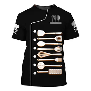 Mens Chef T Shirt Work Tshirts 3D Printed Contrast Color Shirt Restaurant Kitchen Workwear Short Sleeve Food Service Top Costume